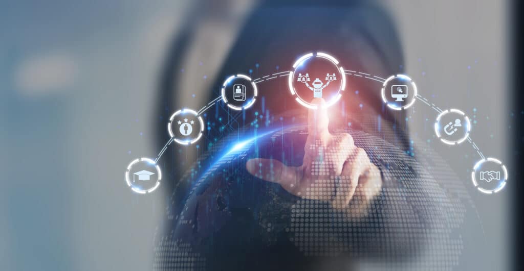 ai recruiting technology concept. using artificial intelligence in the talent acquisition process. a robot choosing business people to hire. hr technology ecosystem strategies for hr professionals.