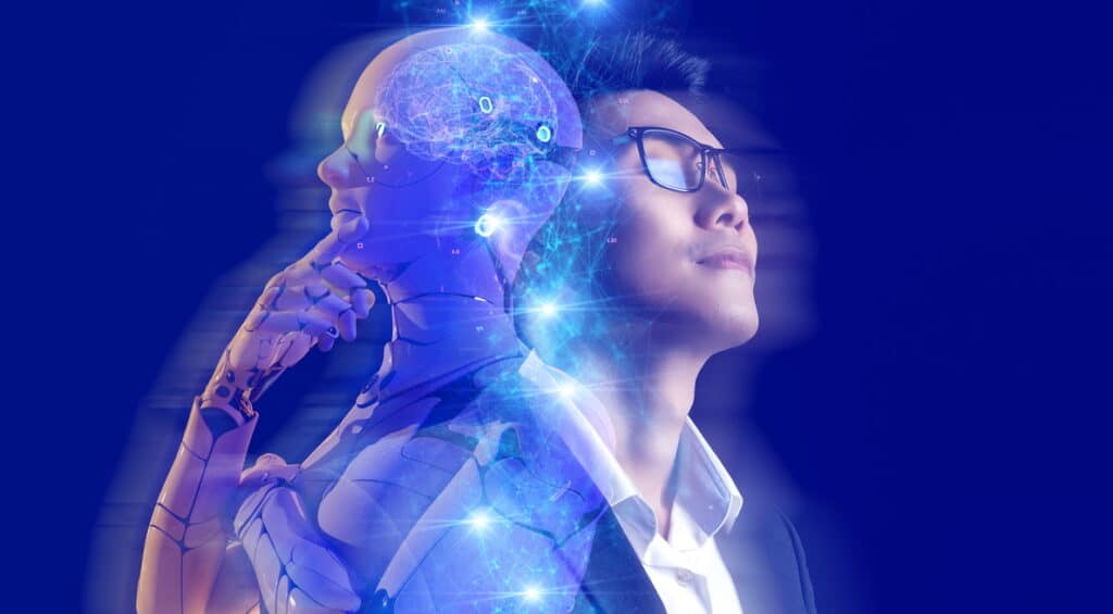 business investment and ai artificial intelligence data analysis technology. businessman and robot future investor, stock market, forex, and crypto currency finance investment.