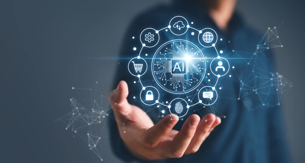 artificial intelligence and automated machine learning language blue digital user interface with businessman hand background. cybersecurity computer vision metaverse twin drive business industrial.
